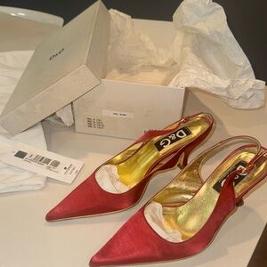 2000s Vintage D&G Dolce & Gabbana Red Satin Pointed Toe Slingback Kitten Heel